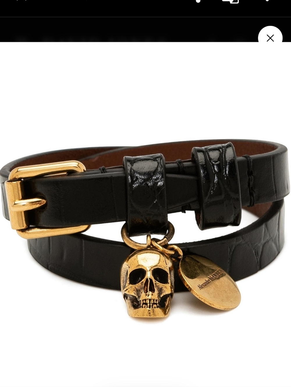 Alexander McQueen Navy Blue Skull Double Wrap Leather Croc Embossed Bracelet Euc - Picture 2 of 13